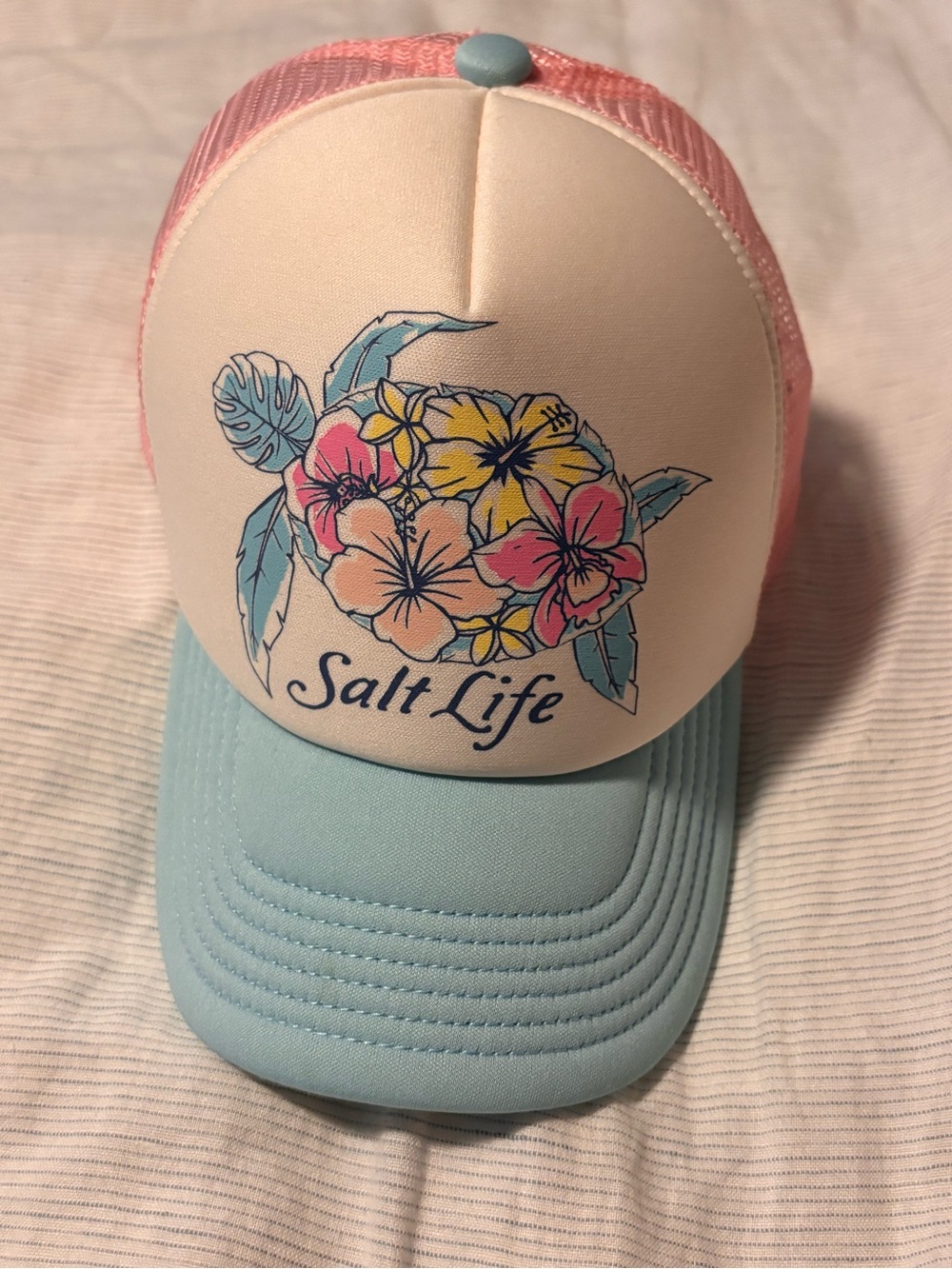 Salt Life Pastel Floral Turtle Trucker Hat in Pink, Light Blue & White
